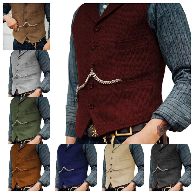 Gilet in tweed da uomo retrò sposo matrimonio vintage spina di pesce 42 44 46 48 50