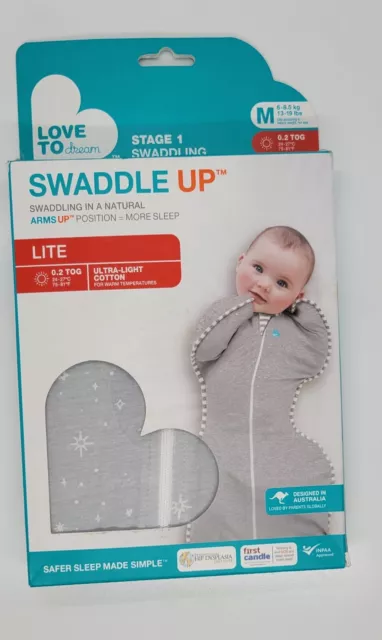 LOVE TO DREAM Swaddle Up Sleep Bag LITE 0.2 Tog Grey Star Size M BNIB RRP $44.95