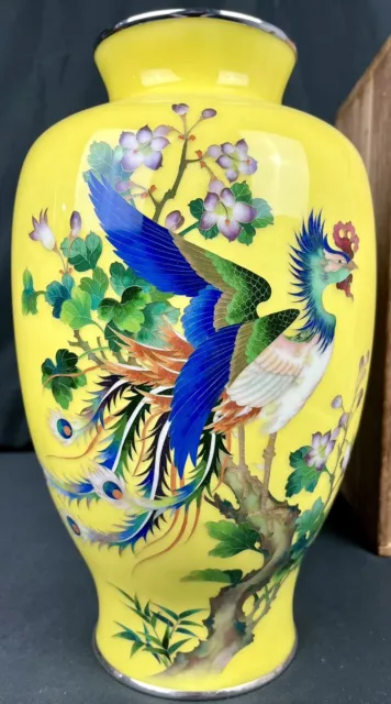 Incredible Antique 12.5” Ando Imperial Yellow Japanese Cloisonne Vase With Box