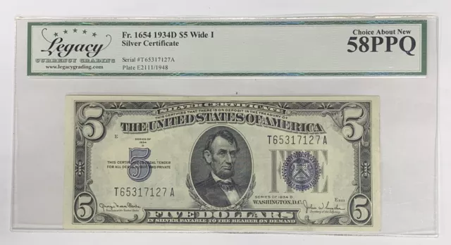 1934 D $5 Silver Certificate, Wide I FR 1654 Legacy Choice AU 58 PPQ