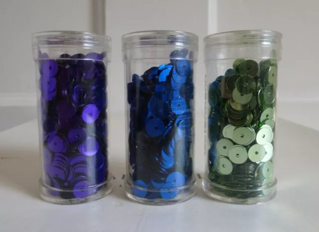 Paquete de 3 tubos de pequeñas lentejuelas planas Gutermann de 6 mm: púrpura, azul y verde