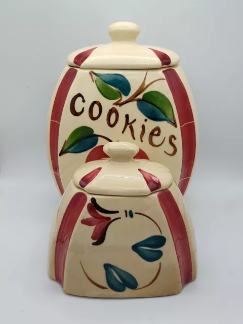 Vtg Purinton Slip Ware Cookie Canister & Grease Jar~Hand Painted-USA~ Set Of 2~