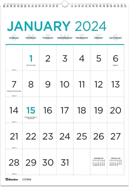 Blueline 2024 Monthly Wall Calendar Large Print  12 Months  January to December