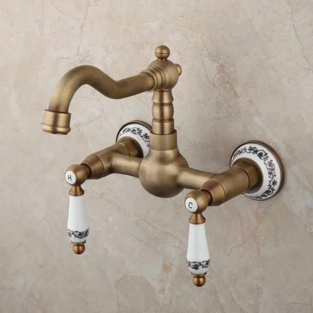 Antique Brass Bathroom Basin Sink Faucet Dual Handles Brass Mixer Tap Wall Mount
