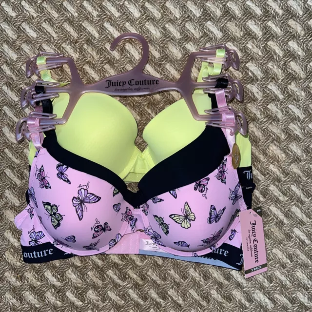 JUICY COUTURE SEXY PUSH UP 3 PACK BRAS WOMEN SZ 34B GRAY LIME PINK
