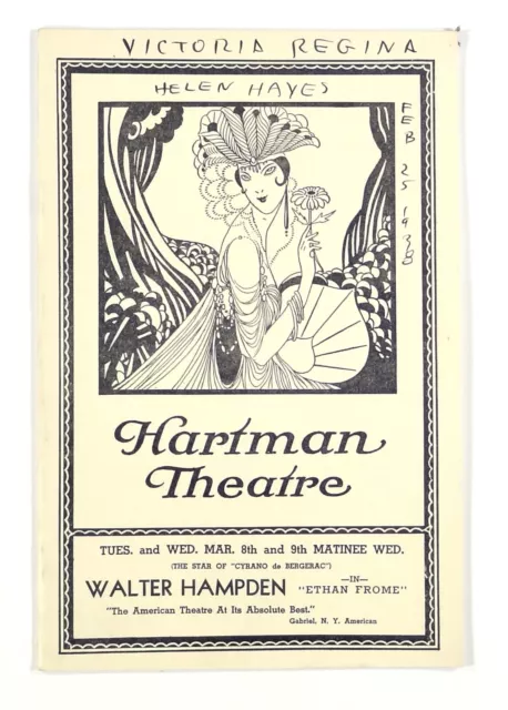 1938 playbill VICTORIA REGINA starring Helen Hayes HARTMAN THEATRE Columbus OH