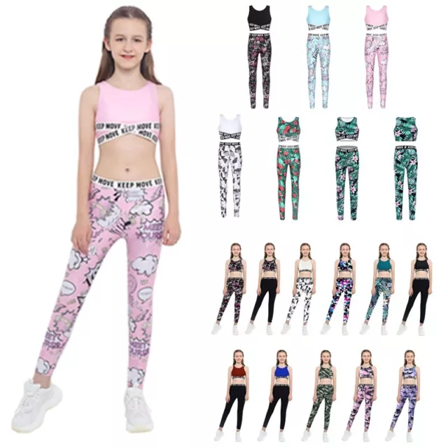 Girls Sports Tracksuit Crop Top Leggings Active Set Workout Outfit Activewear