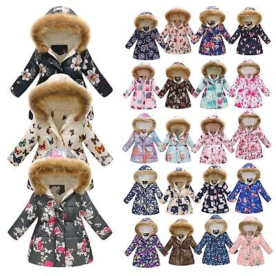 Kids Baby Girls Winter Coat Jacket Hooded Floral Padded Warm Thick Down Zipper