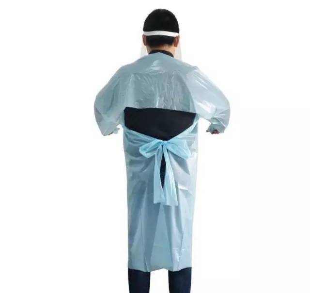 100 Blue Disposable CPE Isolation Medical Gowns Full Sleeves Apron Thumb Loop 2