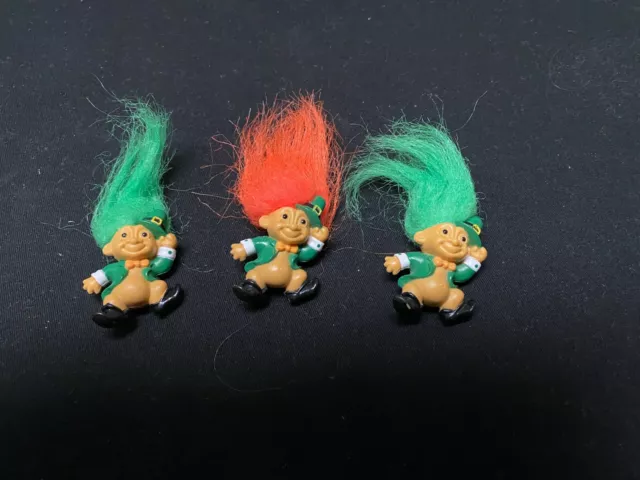 Vintage Russ Irish Leprechaun-set of 3 Troll Doll Pins Green, Orange Hair 2”