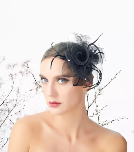 Black Feather Flora Bling Wedding Fascinator Bow Woman Headpiece Cocktail Party