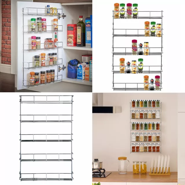 5 Tier spice Herb Jar Rack holder Kitchen Door Cupboard Wall Storage Organiser