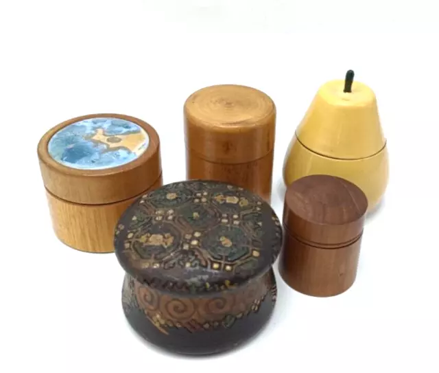 Vintage Hand Made Treen Trinket Boxes &  Lacquered Pear Box