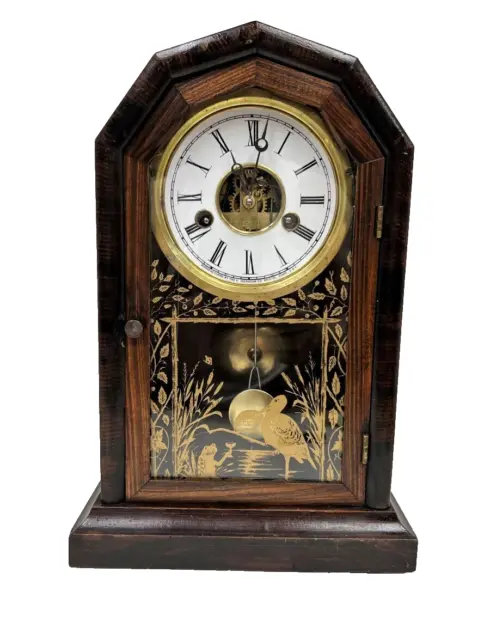 Antique Ingraham 30 Hr Clock Mantel Shelf Half Octagon Bell Strike Works 1800s