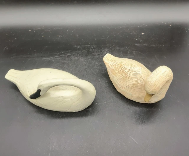 Lot Of 2 Hand Carved Miniature Swan Figurines Wood Wooden Resin Signed