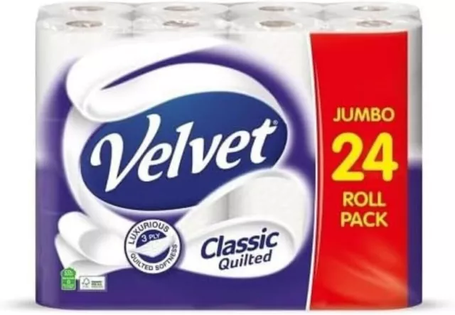 Velvet Classic Quilted Toilet Paper Bulk Buy, 24 White 3 Ply Toilet Tissue Rolls