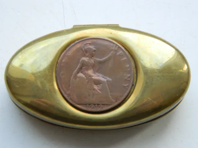 Welsh MINERS  BRASS TOBACCO - TWIST - SNUFF  BOX / TIN  Inlaid With 1919 Penny