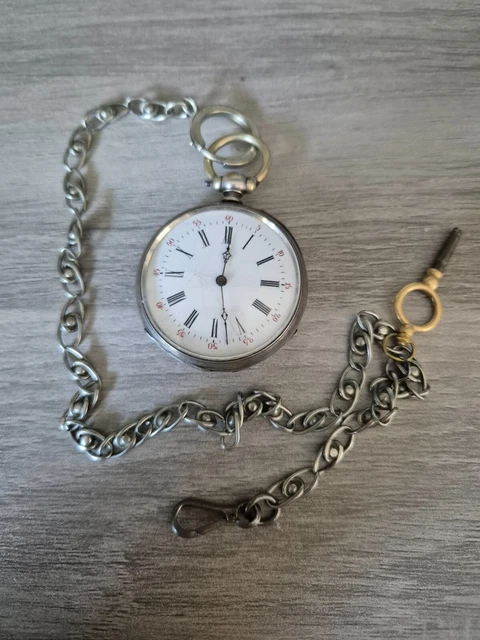Ancienne chaine de montre à gousset en acier et cuir