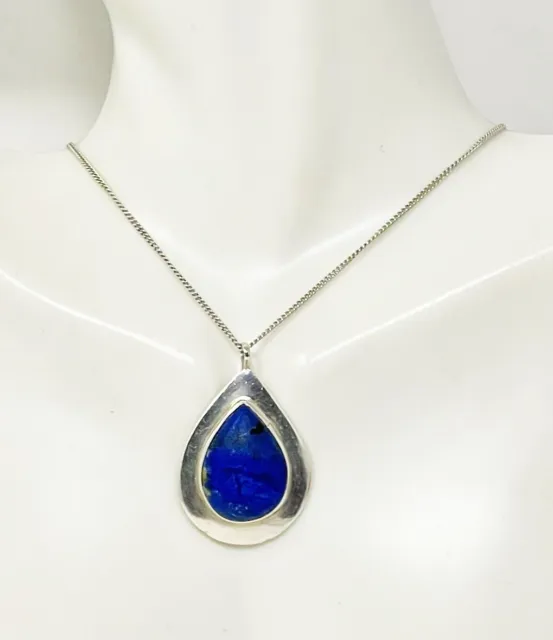 Vintage Artisan 925 Sterling Silver Lapis Lazuli Gemstone Pendant Necklace 18”