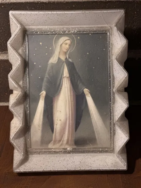 Madonna Vintage Icon in  white Frame Sacred Heart Virgin Mary Catholic