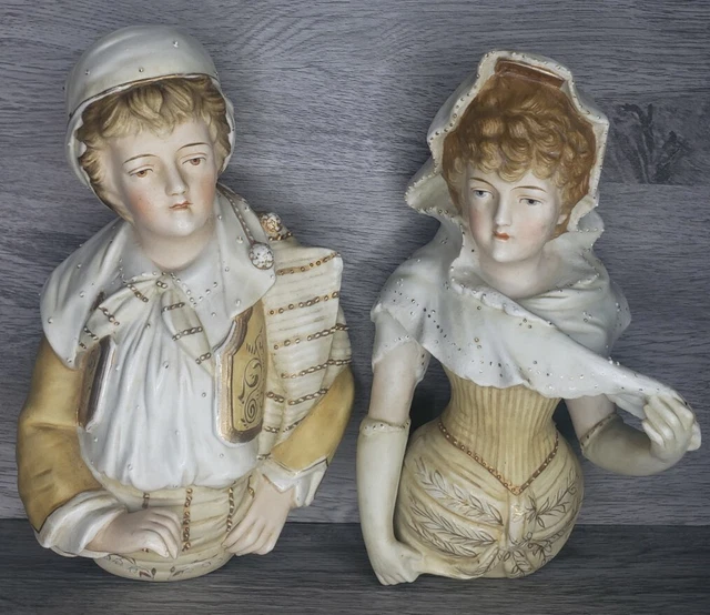 PAIR ANTIQUE WALL Hanging Figurines, German Porcelain BISQUE Bust Man