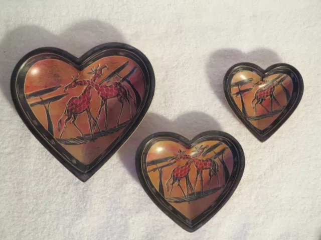African Kisii Soapstone Tribal Heart Bowl Art Lot of 3 from Kenya  Giraffe Motif