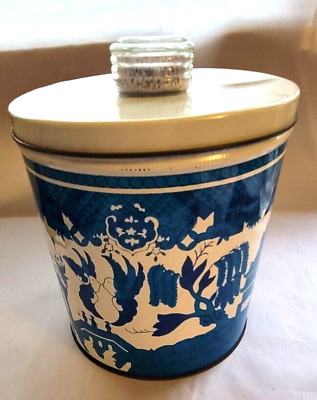 1960s Blue Willow Litho Print Blue Magic Krispy Kan Cracker Canister Tin Can Vtg