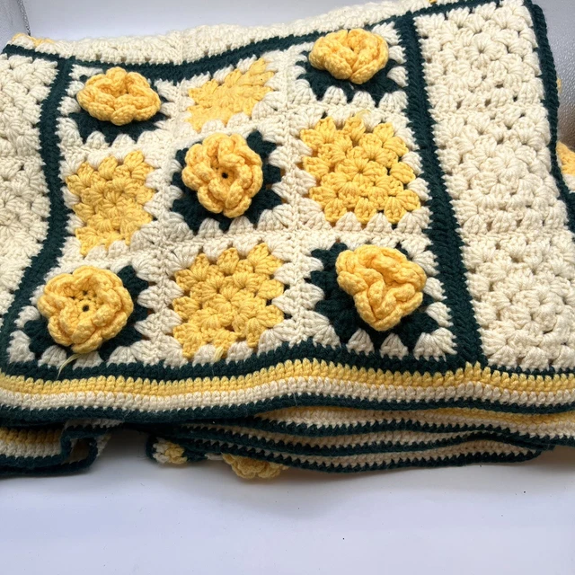 VINTAGE GRANNY SQUARE Afghan Green 3D Yellow Rose Handmade Crochet