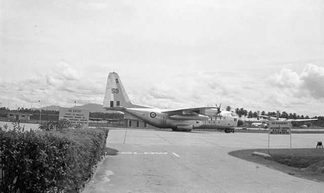 37 Sqn, RAAF, C-130E Hercules, A97-159 at Butterworth, Apr 1967 - B&W Neg_6147