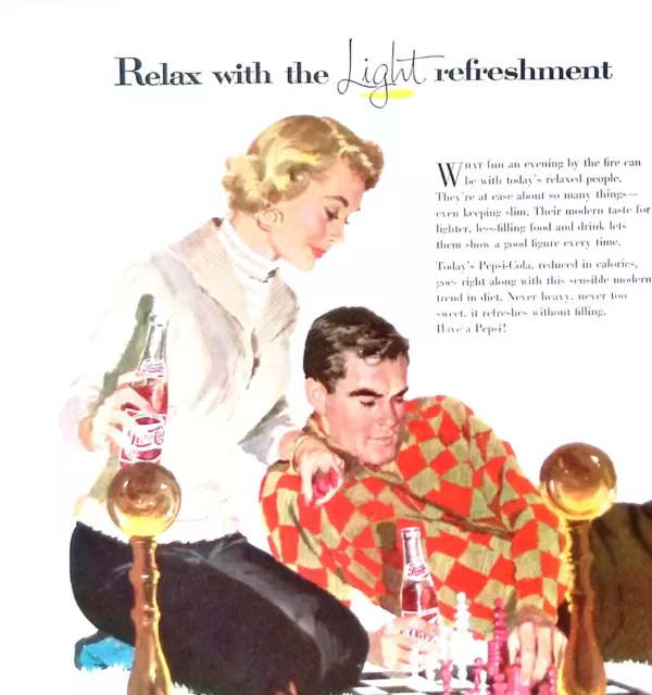 1957 Original Pepsi-Cola Print Ad Reduced Calories Couple Playing Chess