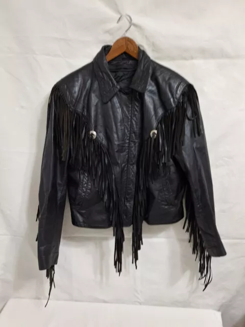 Vintage Bermans Leather Motorcycle Womens Jacket Size 8 Liner Fringe Conchos 85'