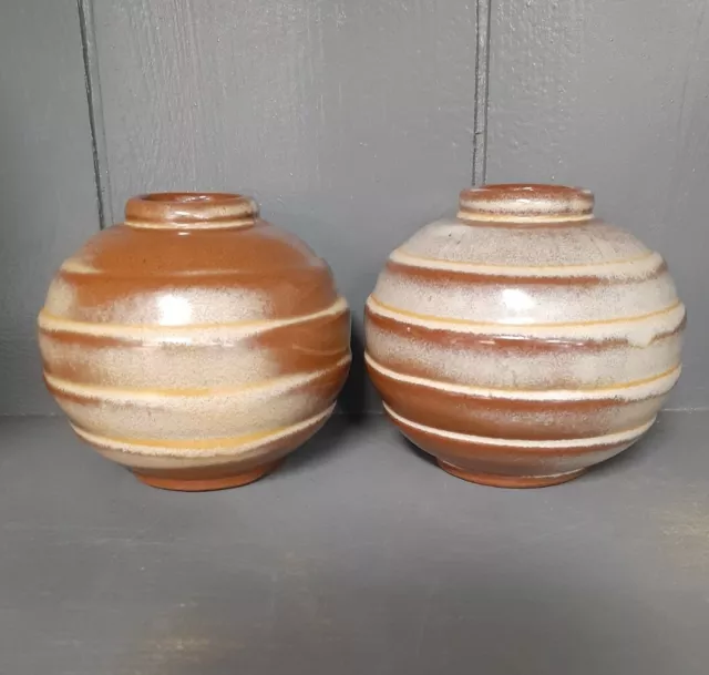 Pair 2 Vintage Frankoma Pottery Small Round Ringed Vases #500 MCM Ceramic Clay 2