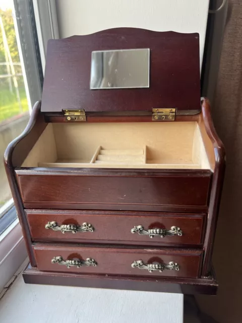 Vintage Solid Wooden Drawers Musical Jewellery Box With Mirror