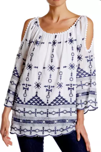 Tempo Paris Top Womens Large White Blue Embroidered Aztec Cold Shoulder Lined