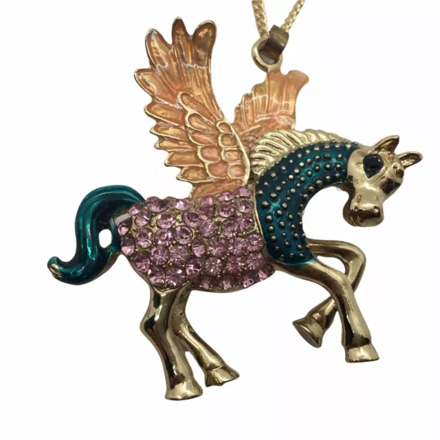 Pegasus Pendant Necklace Womens Gold Tone With Pink Rhinestones And Green Enamel