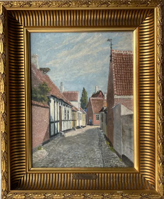 Pintura Al Óleo Impresionista Calle En Ribe Jütland Dinamarca Frands Frandsen