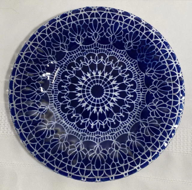 Sydenstricker Ruffled Edge Fused Glass Bowl White Blue Design 8.5"Signed