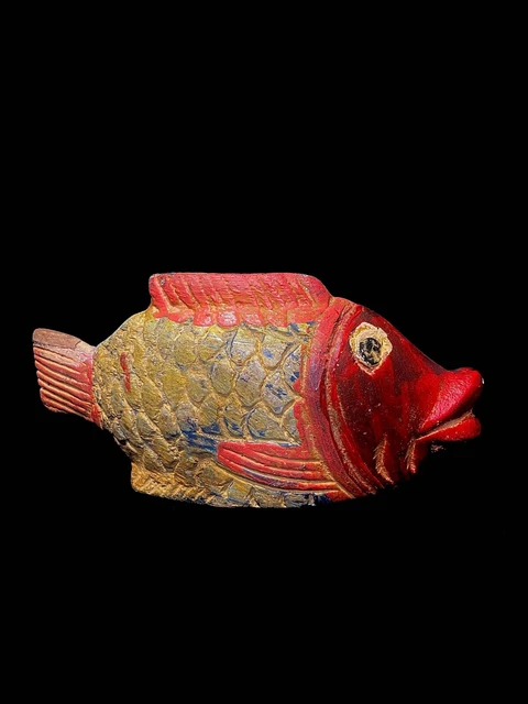 African Tribal Face Mask Wood Hand Carved Vintage Wall Hanging Fish Bozo-4779