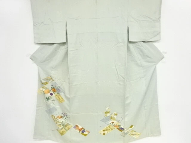44264# Japanese Kimono / Antique Kimono / Embroidery / Kiku With Iris & Male