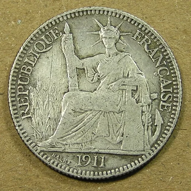 French Indo-China 10 Cents .835 Silver Coin 1911-A, KM-9, 2.7 grams