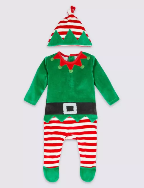 Baby Boy Girl Elf Sleepsuit & Hat Christmas Babygrow Xmas Eve Velour Ex M&S