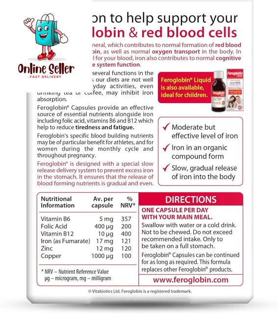 FEROGLOBIN IRON SUPPLEMENT Capsules Support 30 count (Pack of 1) £6.07 ...