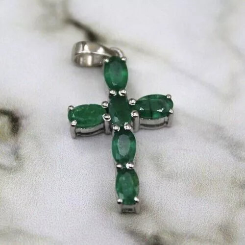 Vert Pierre Précieuse Émeraude Pendentif Croix 925 Argent Sterling Cadeau