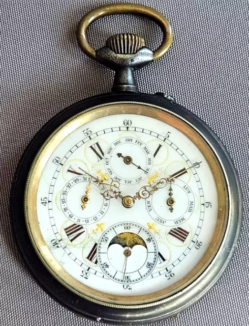 Große Taschenuhr aus Stahl brüniert um 1900 - Vollkalender/ Mondphase RARITÄT