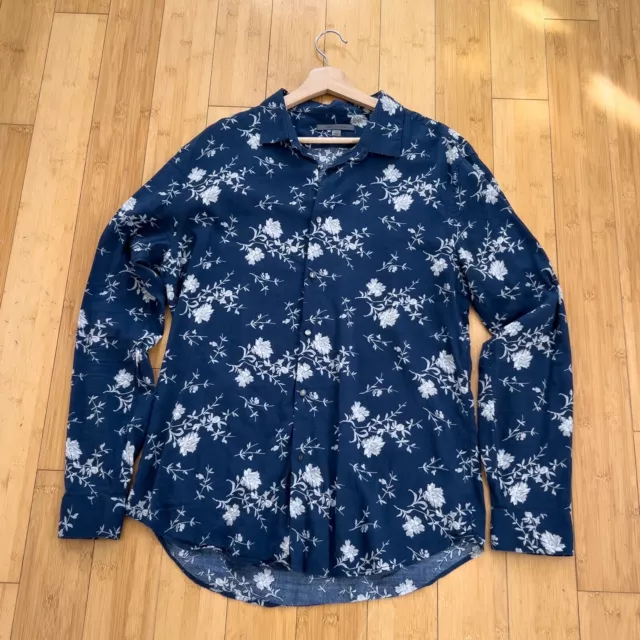 John Varvatos Shirt Mens Large Blue Long Sleeve Pearl Button Hawaiian Floral Lux