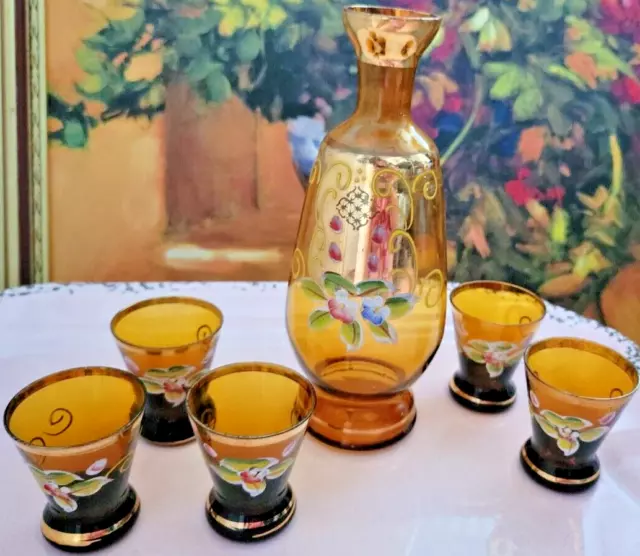 Vintage Bohemian Hand Painted Enamel Decanter Set With 5 Glasses. Amber & Gold