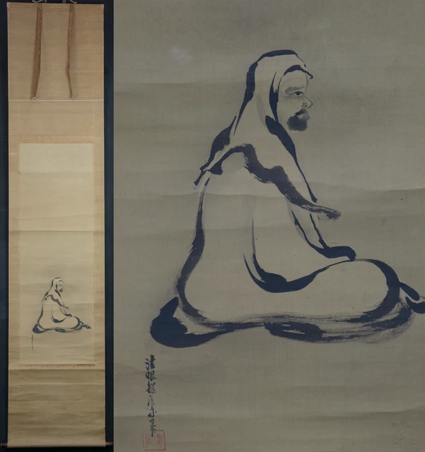 Antique Daruma Zen Sumi-e Ink art Japan scroll 1880 Meiji