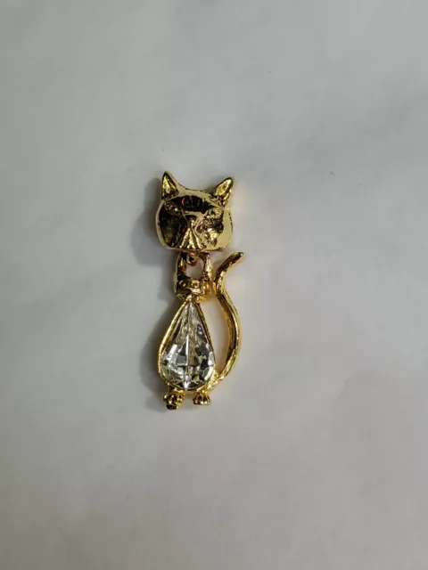 Cat Lapel Hat Jacket Pin Dangling Faux Jewel Body