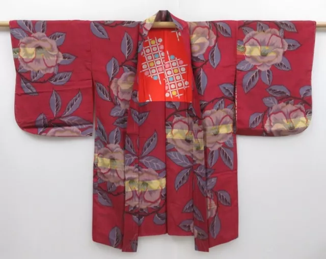 2804T07z450 Vintage Japanese Kimono Silk MEISEN HAORI Camellia Wine red