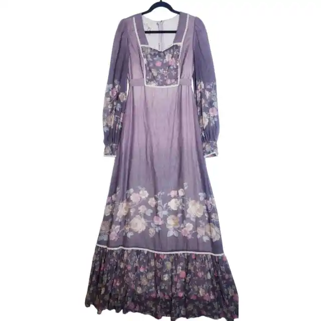 Vintage Shelly's Tall Girls 70s Prairie Maxi Dress Floral Purple Medium Large
